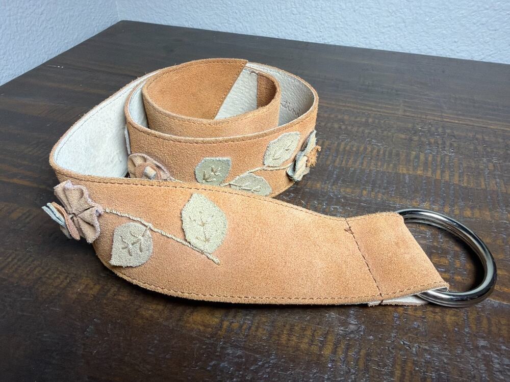VTG Olga Santini Genuine Leather Suede L Wide Belt 3D Floral Leaf Applique NWOT